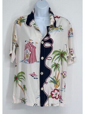 Tropical Beach Button-Up M Camp Shirt Palm Tree Tent Floral Print
